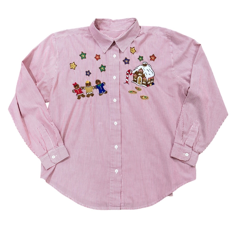 Vintage Women's Red Stripe Gingerbread Man House Holiday Button Down Shirt sz XL